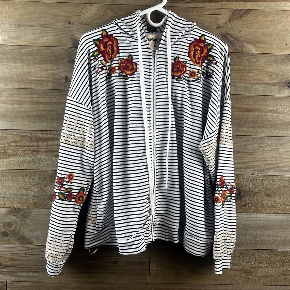 Savanna Jane Womens Shirt Zip Up Hoodie Striped Embroidered‎ Floral Boho 2X